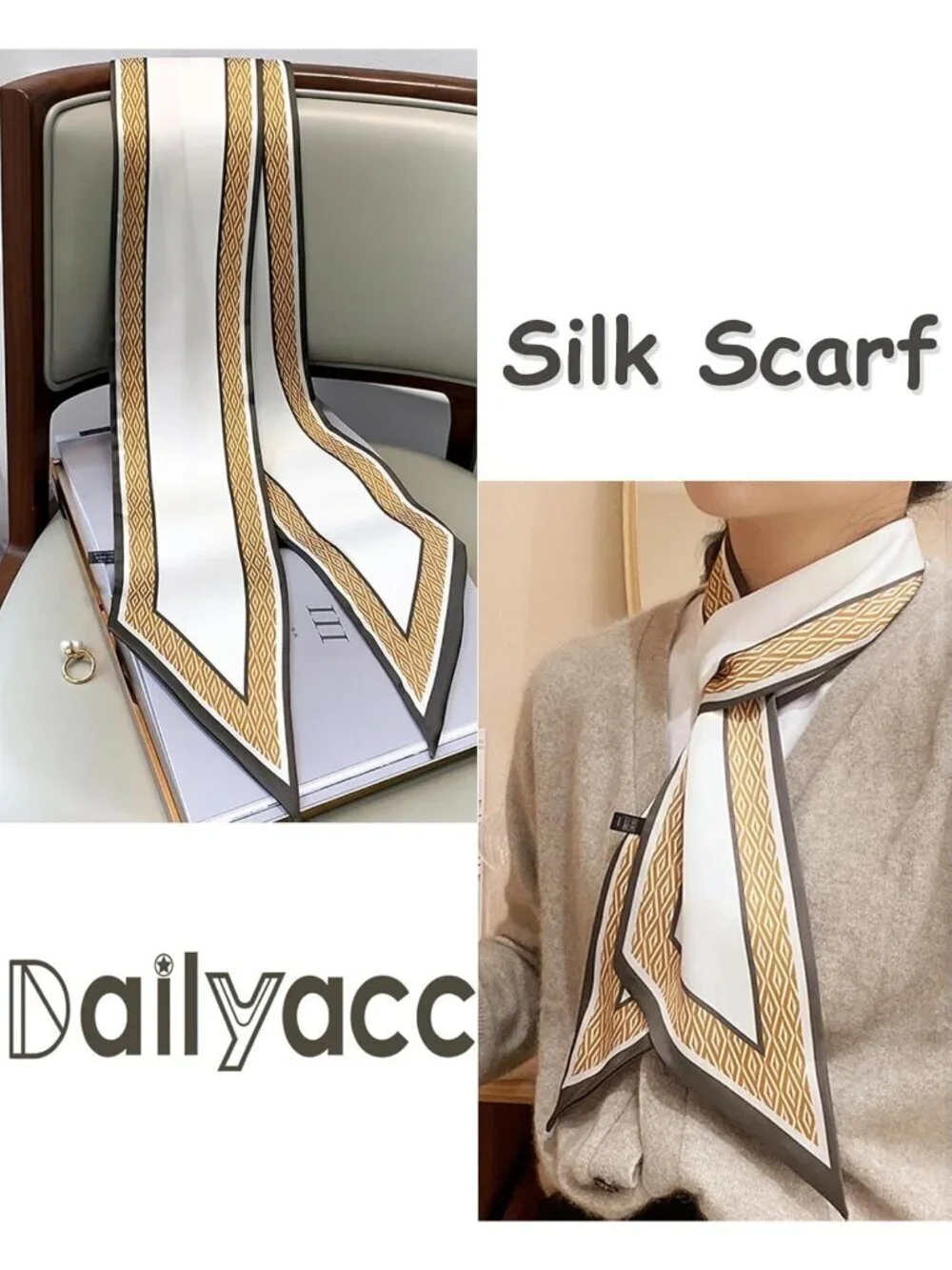 Women's Yellow White Silky Satin Headscarf Wrap Lightweight Scarves Scarf